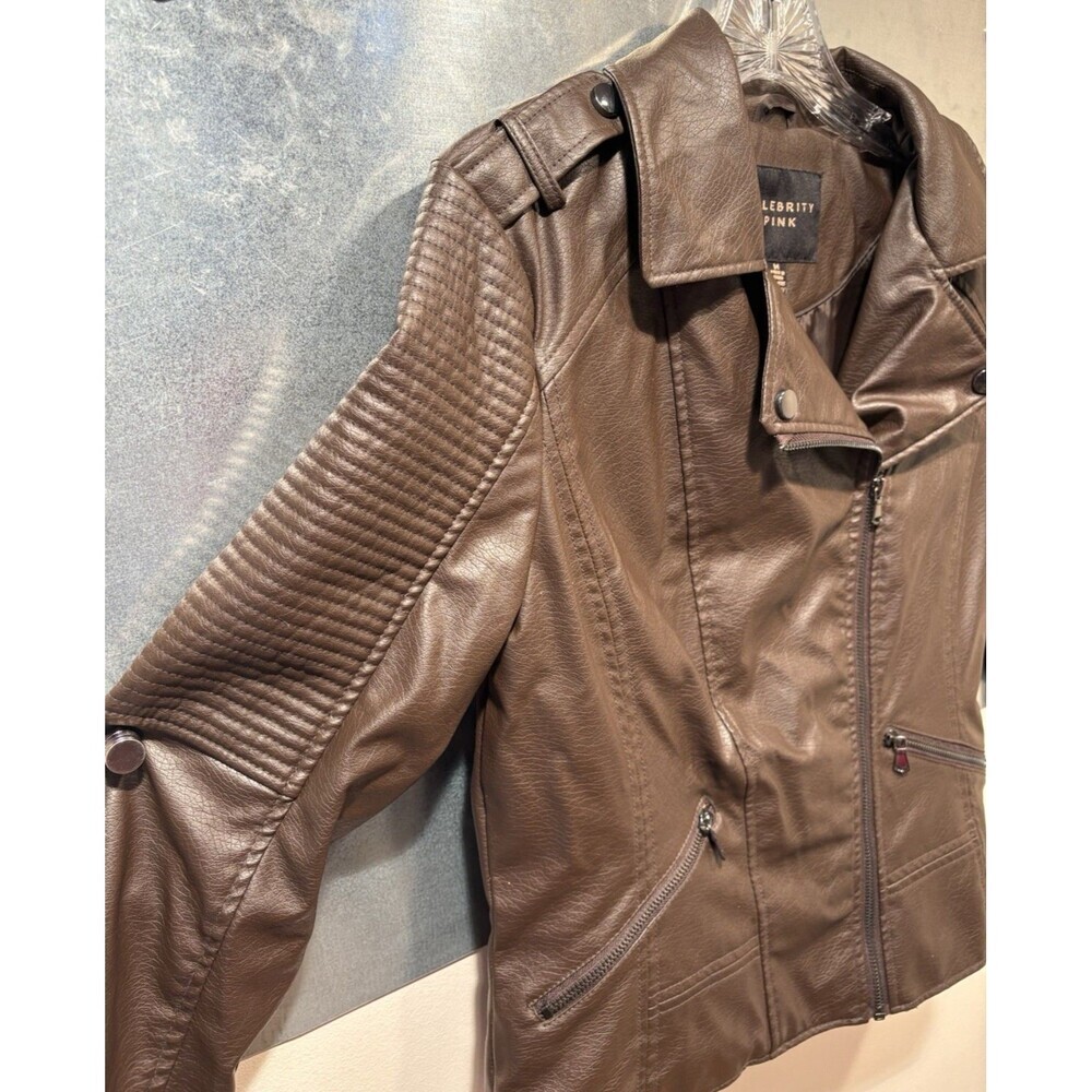 Celebrity Pink Faux Leather Asymmetrical Zip Motorcycle Jacket Brown M
